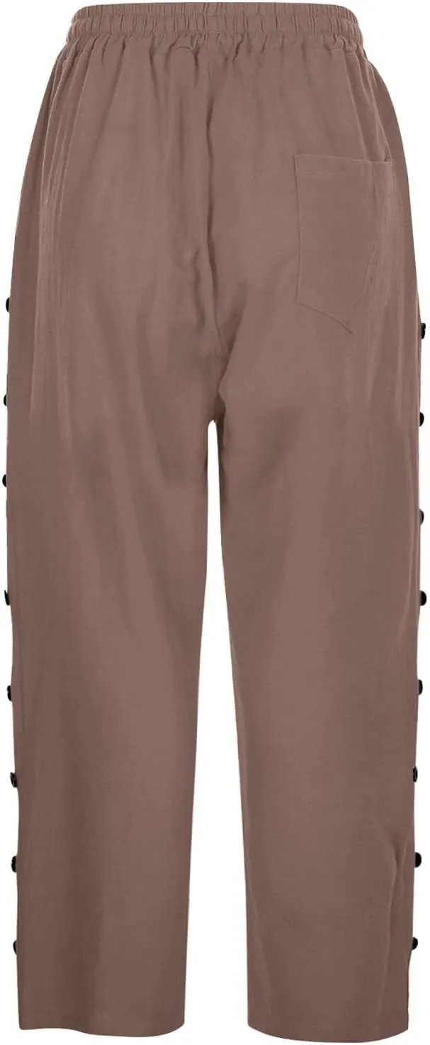 Summer Linen Pants Drawstring Women Buttons Plus Size Lightweight Trousers Womens Flowy Pants with Pockets 2025