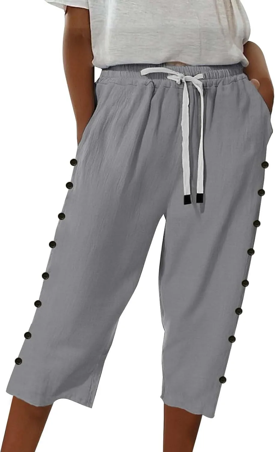 Summer Linen Pants Drawstring Women Buttons Plus Size Lightweight Trousers Womens Flowy Pants with Pockets 2025