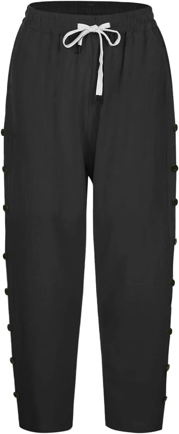 Summer Linen Pants Drawstring Women Buttons Plus Size Lightweight Trousers Womens Flowy Pants with Pockets 2025