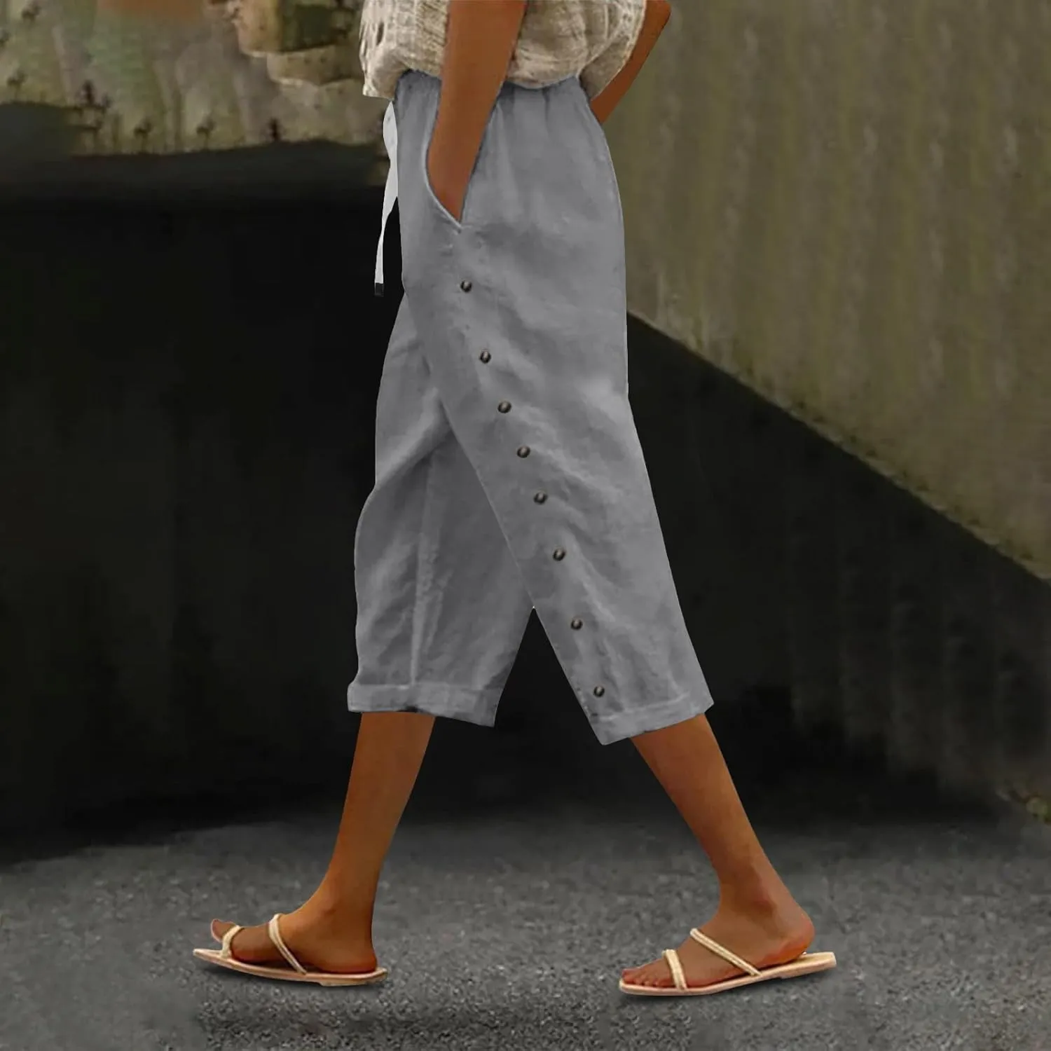 Summer Linen Pants Drawstring Women Buttons Plus Size Lightweight Trousers Womens Flowy Pants with Pockets 2025