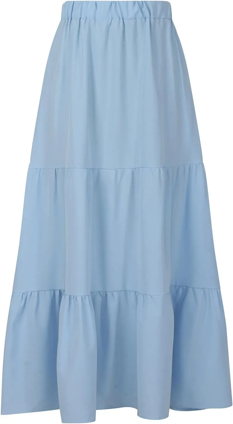 Summer Skirts for Women 2025 Casual Flowy Beach Long Pleated Skirt Cute Elastic Waisted Maxi Skirt with Pockets