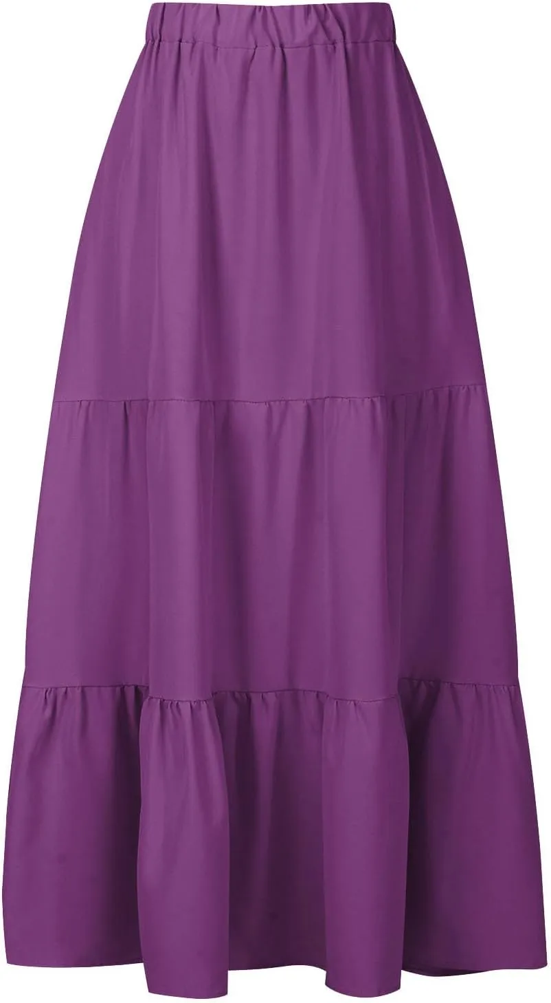 Summer Skirts for Women 2025 Casual Flowy Beach Long Pleated Skirt Cute Elastic Waisted Maxi Skirt with Pockets