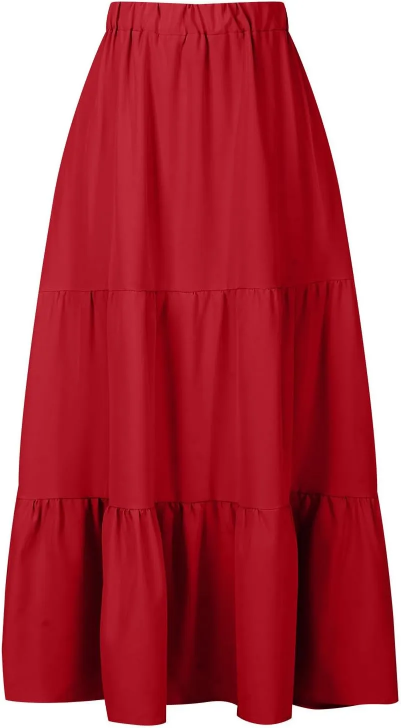 Summer Skirts for Women 2025 Casual Flowy Beach Long Pleated Skirt Cute Elastic Waisted Maxi Skirt with Pockets