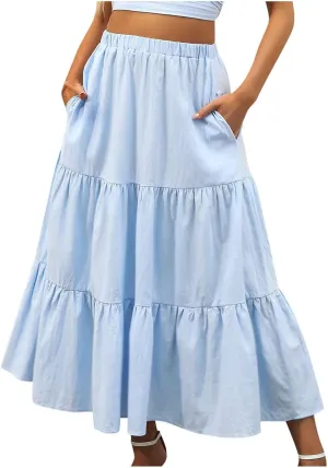 Summer Skirts for Women 2025 Casual Flowy Beach Long Pleated Skirt Cute Elastic Waisted Maxi Skirt with Pockets