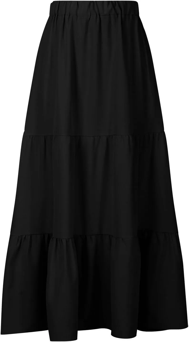 Summer Skirts for Women 2025 Casual Flowy Beach Long Pleated Skirt Cute Elastic Waisted Maxi Skirt with Pockets