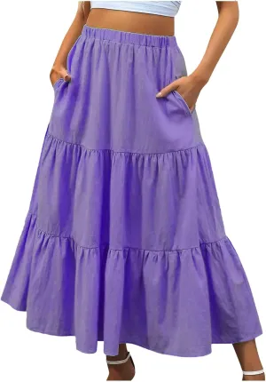 Summer Skirts for Women 2025 Casual Flowy Beach Long Pleated Skirt Cute Elastic Waisted Maxi Skirt with Pockets