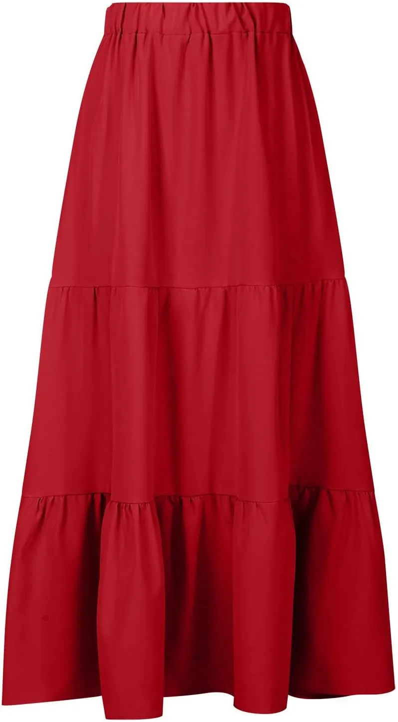Summer Skirts for Women 2025 Casual Flowy Beach Long Pleated Skirt Cute Elastic Waisted Maxi Skirt with Pockets