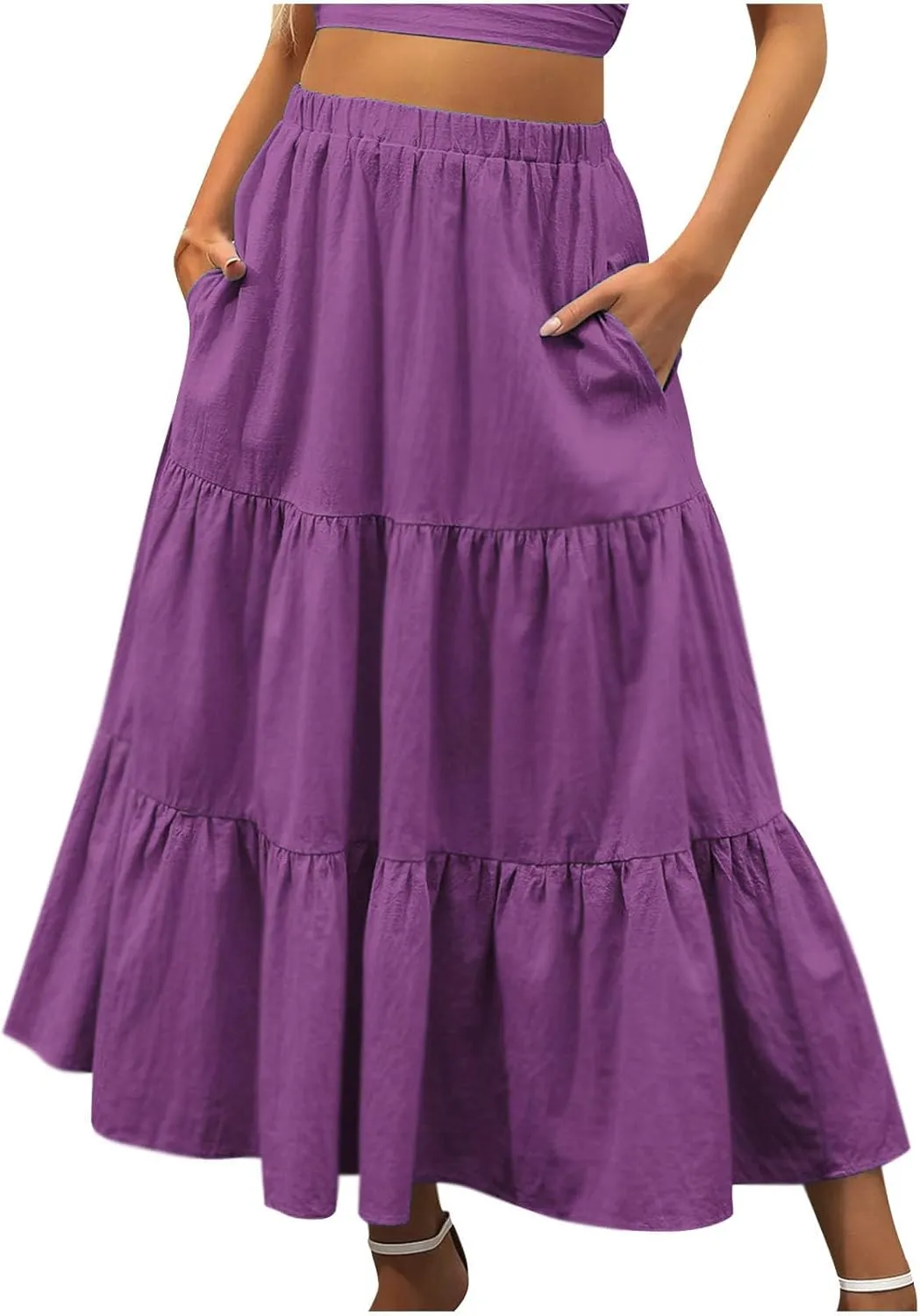 Summer Skirts for Women 2025 Casual Flowy Beach Long Pleated Skirt Cute Elastic Waisted Maxi Skirt with Pockets