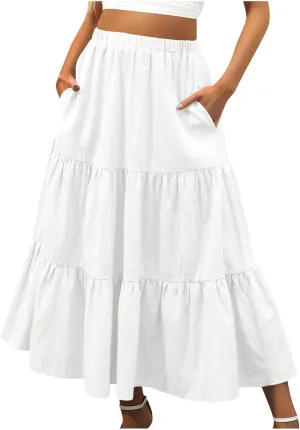 Summer Skirts for Women 2025 Casual Flowy Beach Long Pleated Skirt Cute Elastic Waisted Maxi Skirt with Pockets