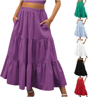 Summer Skirts for Women 2025 Casual Flowy Beach Long Pleated Skirt Cute Elastic Waisted Maxi Skirt with Pockets