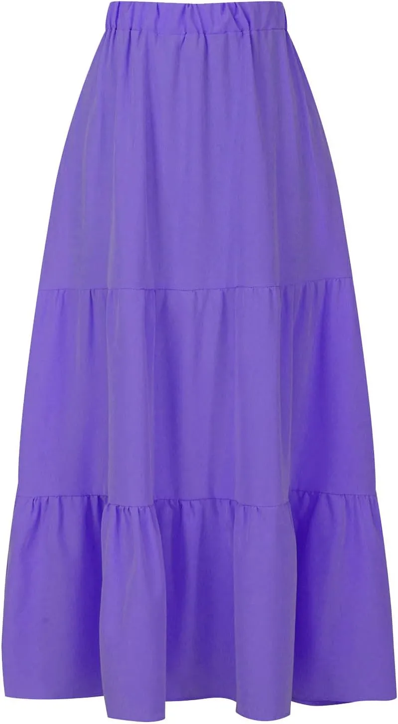 Summer Skirts for Women 2025 Casual Flowy Beach Long Pleated Skirt Cute Elastic Waisted Maxi Skirt with Pockets