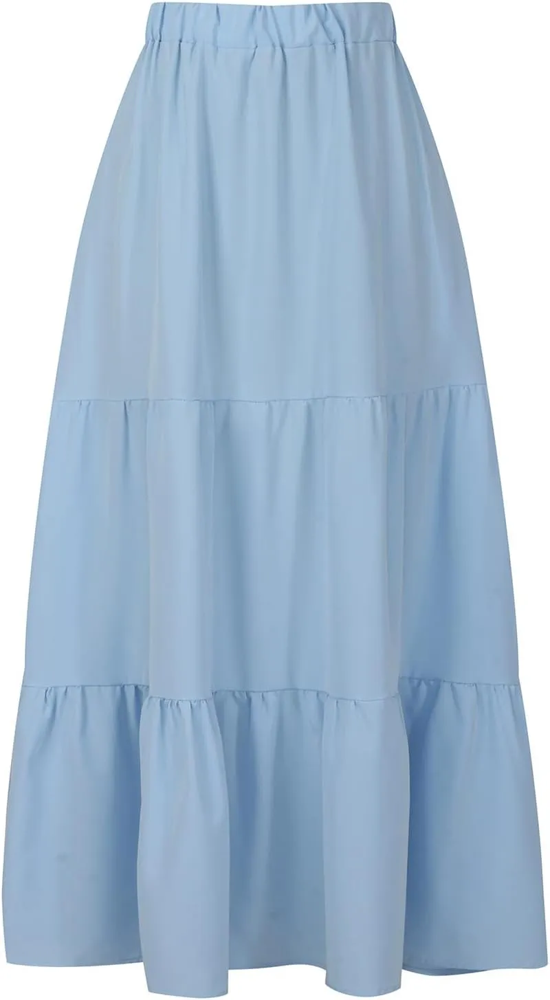 Summer Skirts for Women 2025 Casual Flowy Beach Long Pleated Skirt Cute Elastic Waisted Maxi Skirt with Pockets