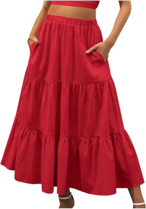 Summer Skirts for Women 2025 Casual Flowy Beach Long Pleated Skirt Cute Elastic Waisted Maxi Skirt with Pockets