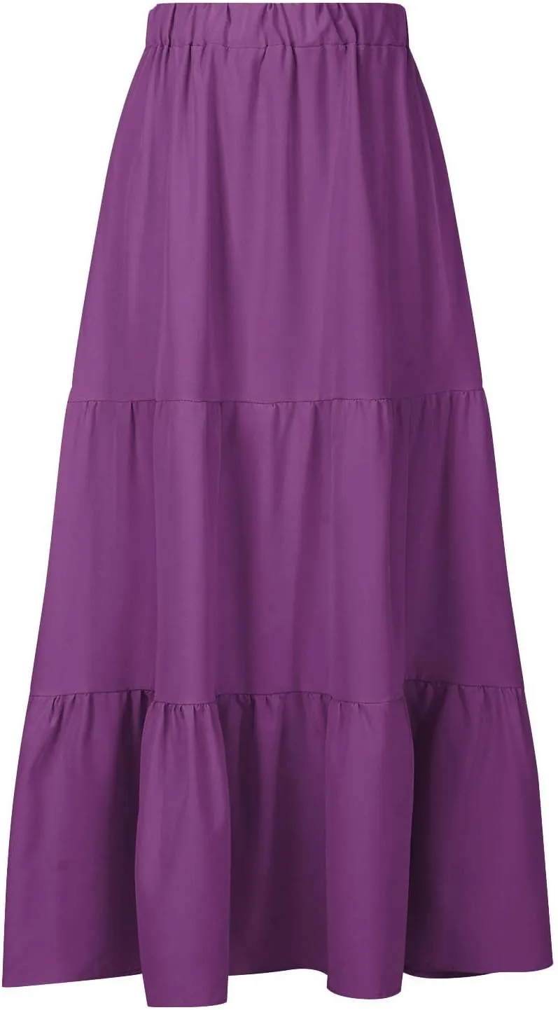 Summer Skirts for Women 2025 Casual Flowy Beach Long Pleated Skirt Cute Elastic Waisted Maxi Skirt with Pockets