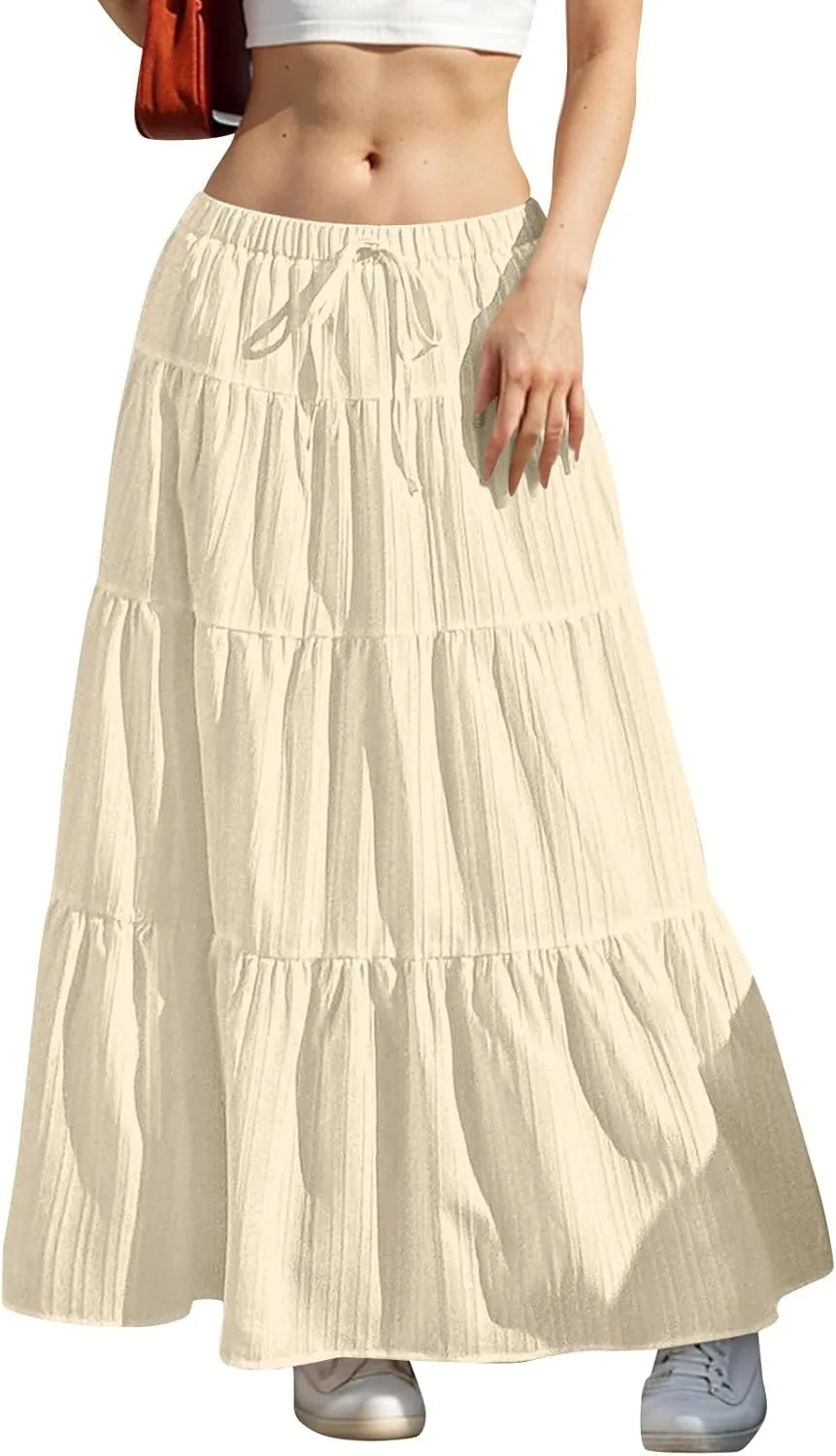 Summer Skirts for Women Casual Elastic High Waisted Pleated Skirt Midi Length Drawstring Flowy Beach Long Skirt