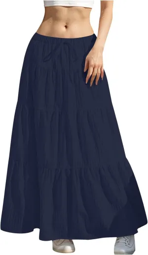 Summer Skirts for Women Casual Elastic High Waisted Pleated Skirt Midi Length Drawstring Flowy Beach Long Skirt