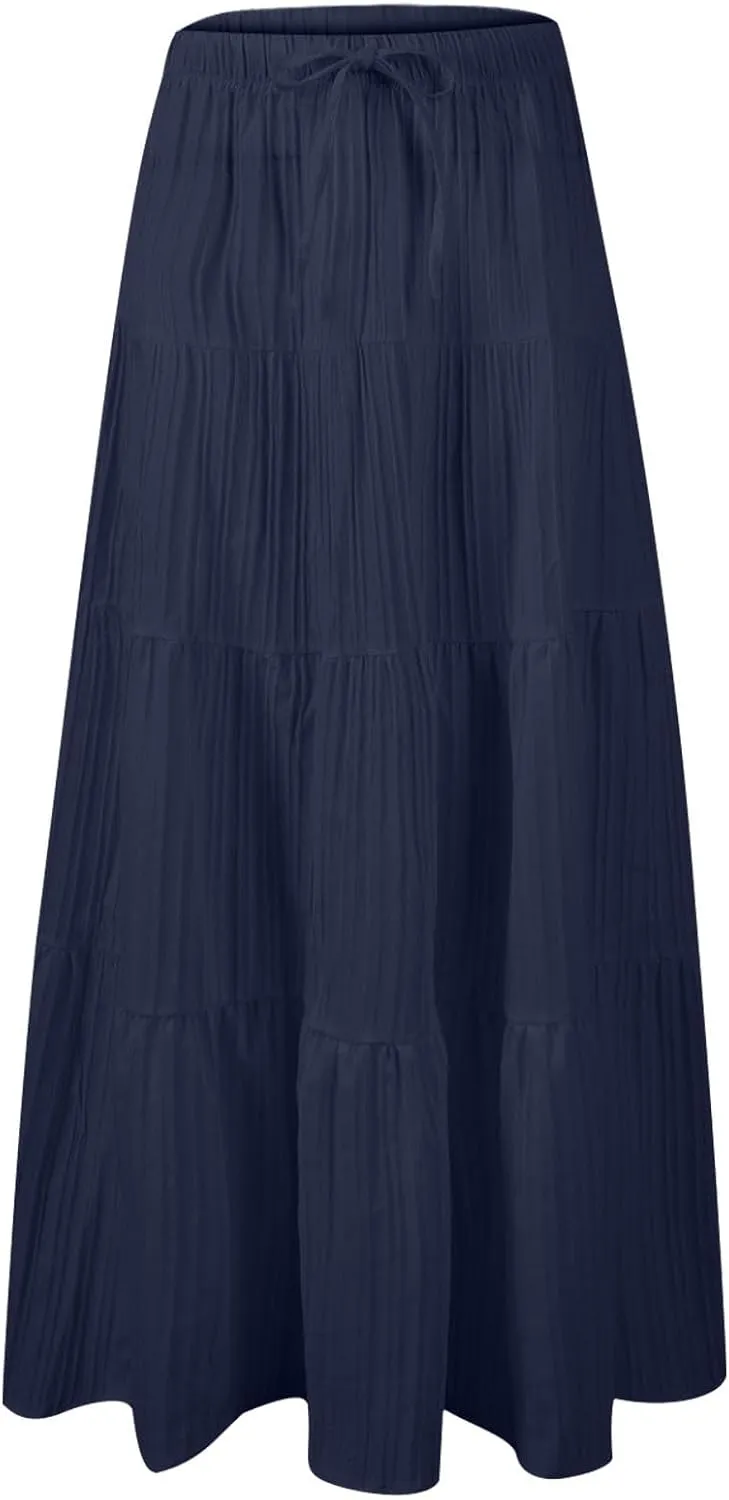 Summer Skirts for Women Casual Elastic High Waisted Pleated Skirt Midi Length Drawstring Flowy Beach Long Skirt