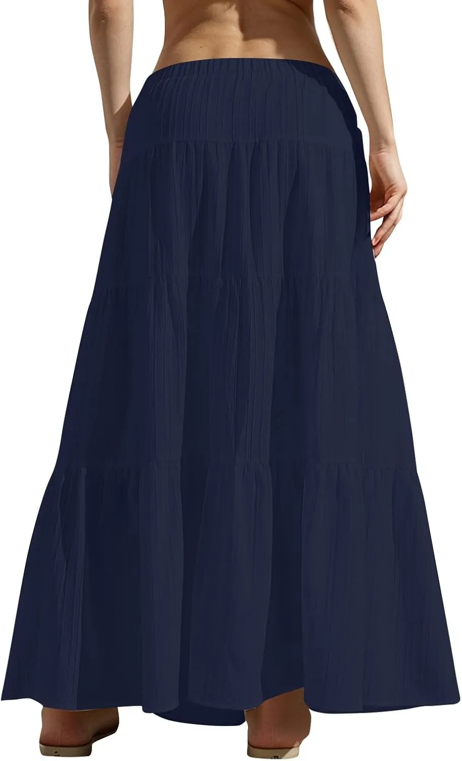 Summer Skirts for Women Casual Elastic High Waisted Pleated Skirt Midi Length Drawstring Flowy Beach Long Skirt