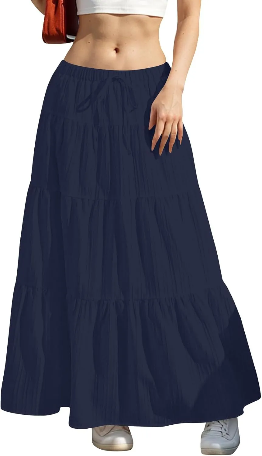 Summer Skirts for Women Casual Elastic High Waisted Pleated Skirt Midi Length Drawstring Flowy Beach Long Skirt