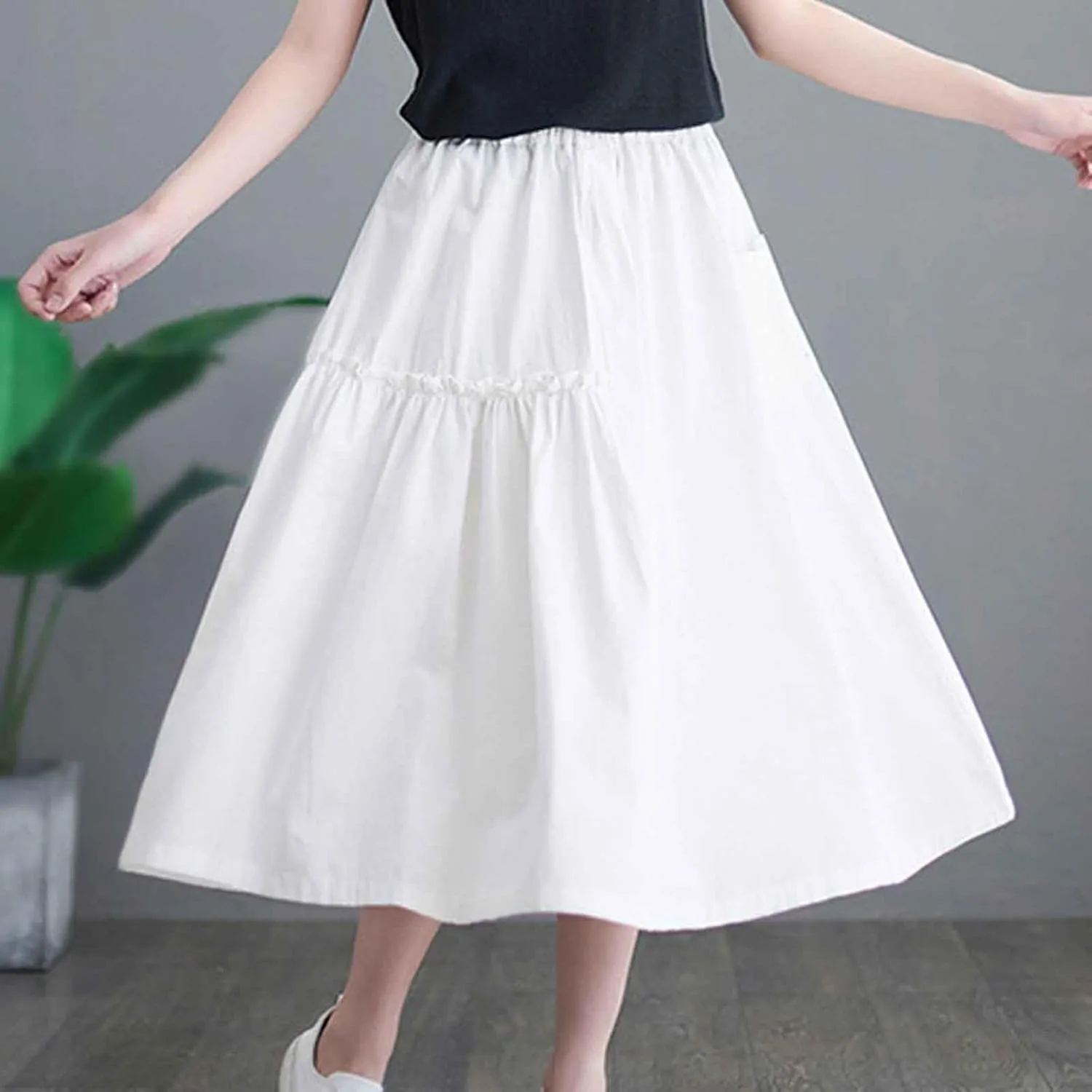 Summer Skirts for Women High Waisted Flowy A Line Maxi Skirt Casual Solid Color Floral Trim Beach Long Skirt