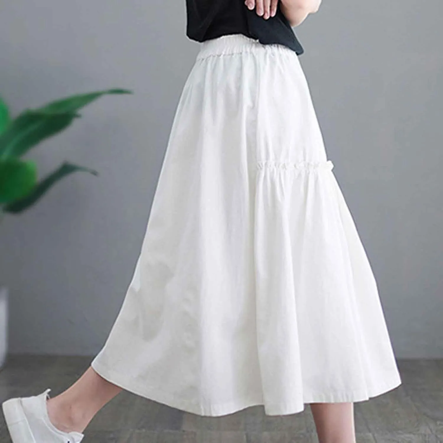 Summer Skirts for Women High Waisted Flowy A Line Maxi Skirt Casual Solid Color Floral Trim Beach Long Skirt