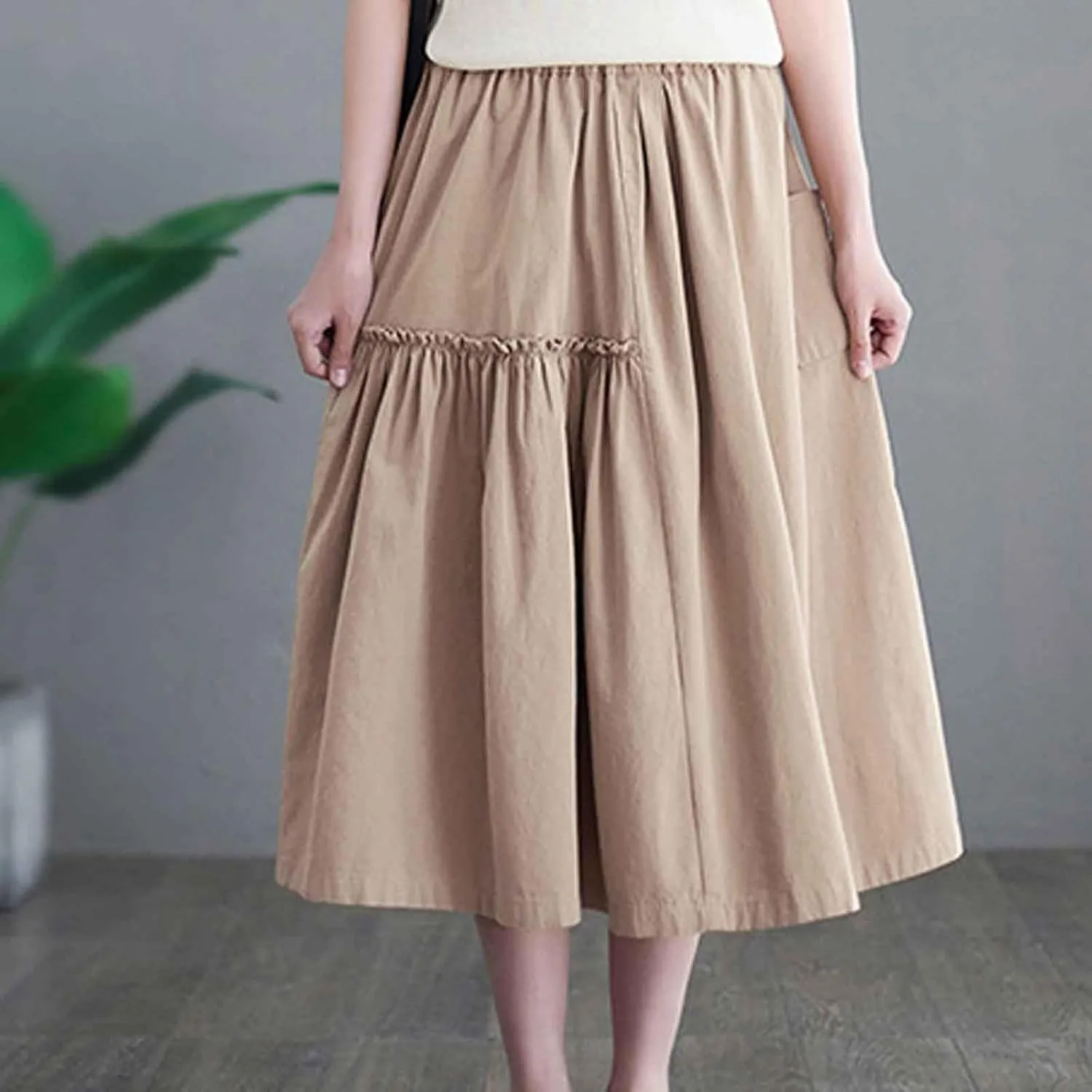 Summer Skirts for Women High Waisted Flowy A Line Maxi Skirt Casual Solid Color Floral Trim Beach Long Skirt