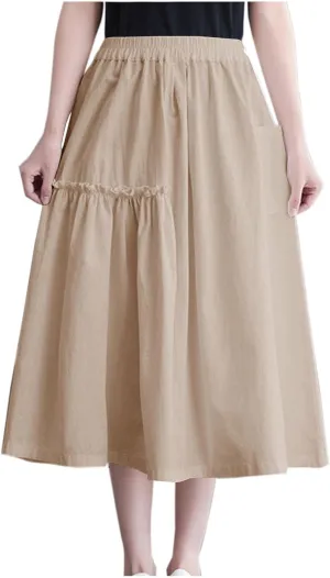Summer Skirts for Women High Waisted Flowy A Line Maxi Skirt Casual Solid Color Floral Trim Beach Long Skirt
