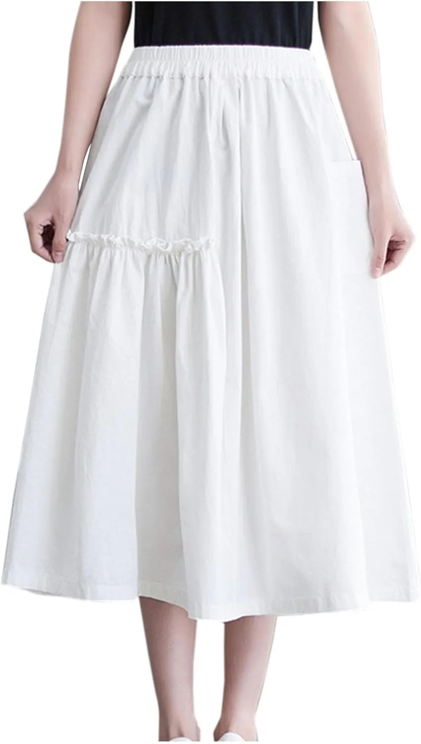 Summer Skirts for Women High Waisted Flowy A Line Maxi Skirt Casual Solid Color Floral Trim Beach Long Skirt