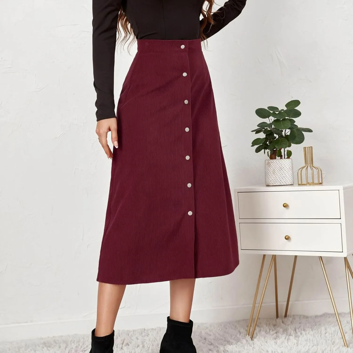 Summer Skirts for Women Vacation Beach Boho Pleated Long Skirt Front Button Elastic Waisted Maxi Skirt with Slit