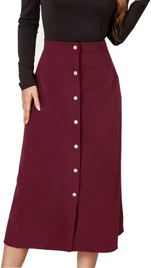 Summer Skirts for Women Vacation Beach Boho Pleated Long Skirt Front Button Elastic Waisted Maxi Skirt with Slit