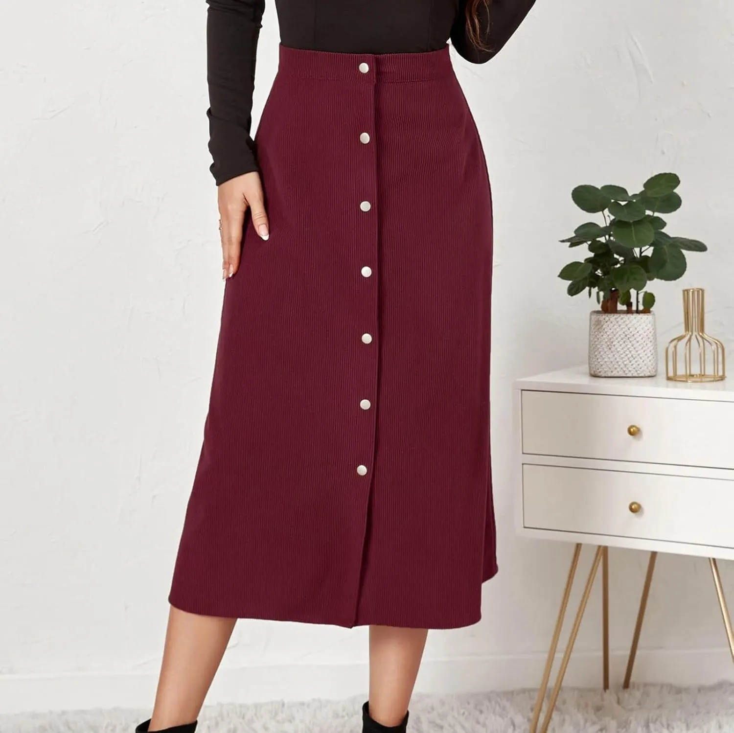 Summer Skirts for Women Vacation Beach Boho Pleated Long Skirt Front Button Elastic Waisted Maxi Skirt with Slit