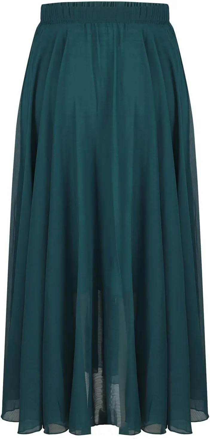 Summer Skirts for Women Vacation Elastic High Waisted Layer Flowy Beach Long Skirt Casual Solid Pleated Maxi Skirt