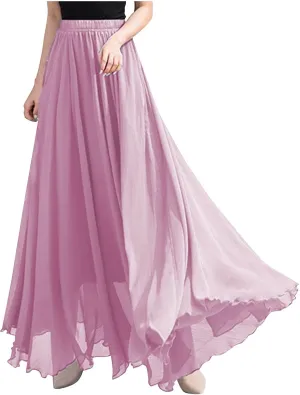Summer Skirts for Women Vacation Elastic High Waisted Layer Flowy Beach Long Skirt Casual Solid Pleated Maxi Skirt