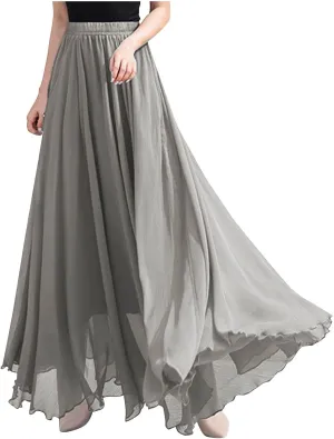Summer Skirts for Women Vacation Elastic High Waisted Layer Flowy Beach Long Skirt Casual Solid Pleated Maxi Skirt