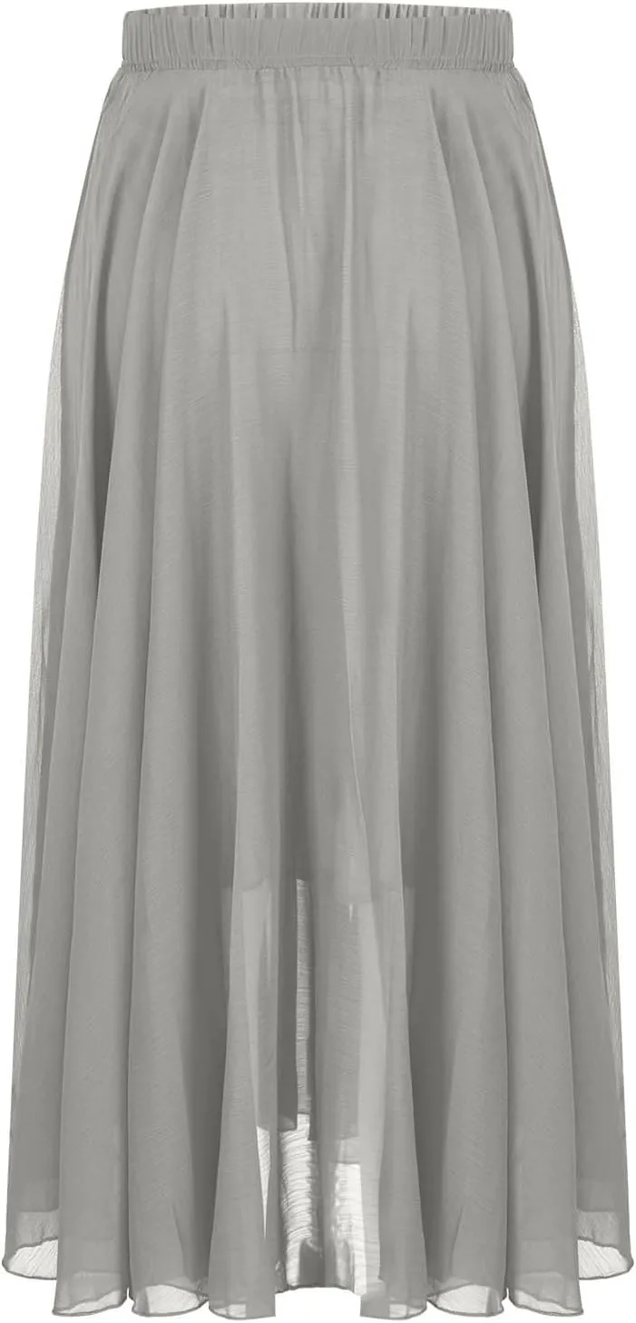 Summer Skirts for Women Vacation Elastic High Waisted Layer Flowy Beach Long Skirt Casual Solid Pleated Maxi Skirt