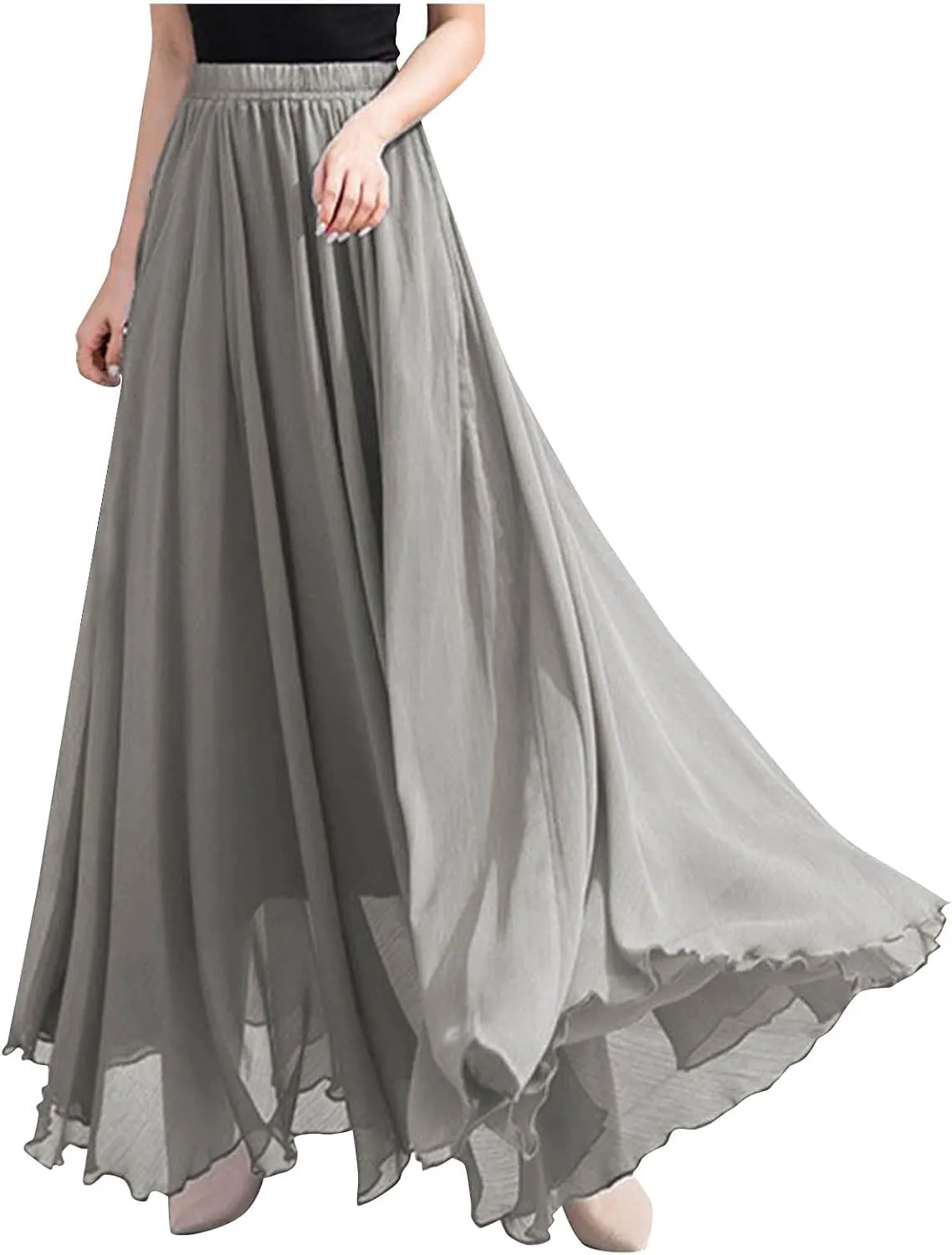 Summer Skirts for Women Vacation Elastic High Waisted Layer Flowy Beach Long Skirt Casual Solid Pleated Maxi Skirt