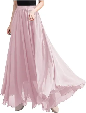 Summer Skirts for Women Vacation Elastic High Waisted Layer Flowy Beach Long Skirt Casual Solid Pleated Maxi Skirt
