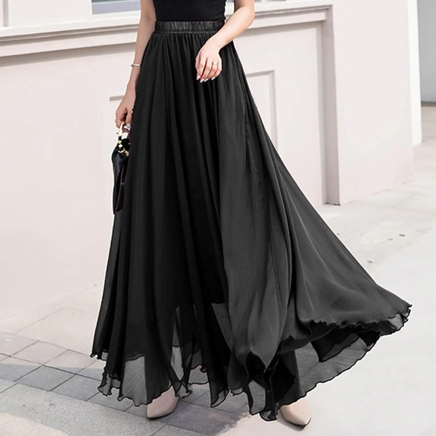 Summer Skirts for Women Vacation Elastic High Waisted Layer Flowy Beach Long Skirt Casual Solid Pleated Maxi Skirt