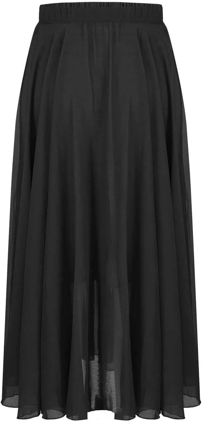 Summer Skirts for Women Vacation Elastic High Waisted Layer Flowy Beach Long Skirt Casual Solid Pleated Maxi Skirt
