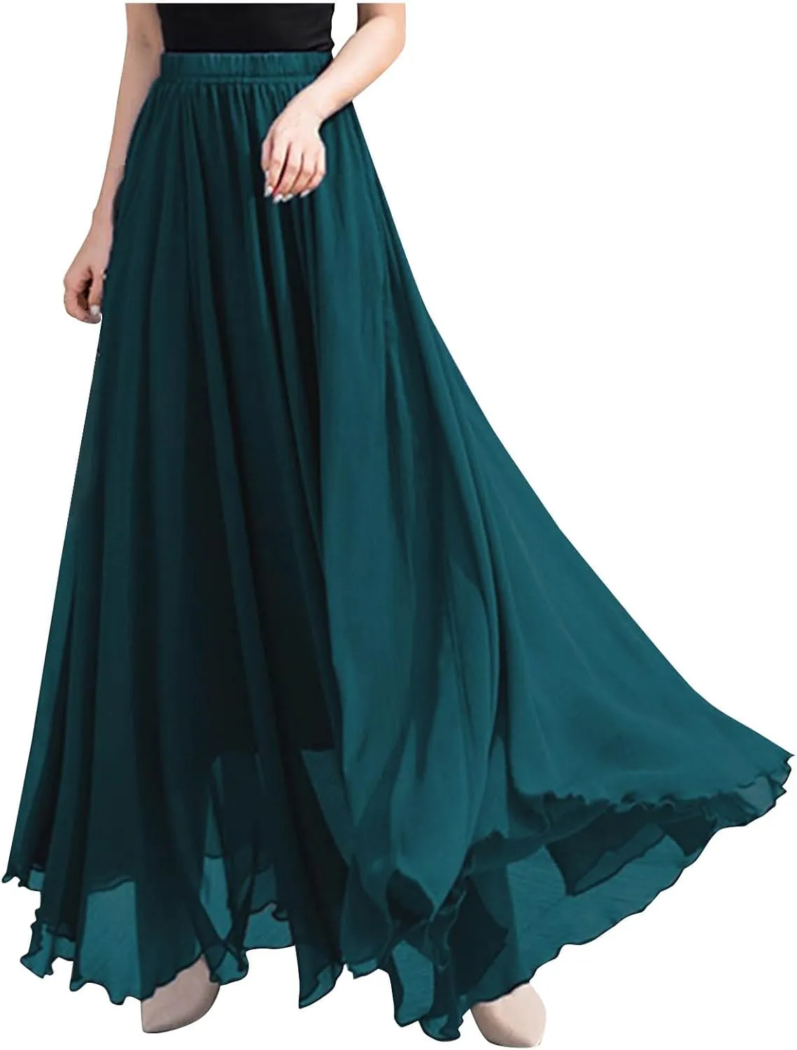 Summer Skirts for Women Vacation Elastic High Waisted Layer Flowy Beach Long Skirt Casual Solid Pleated Maxi Skirt