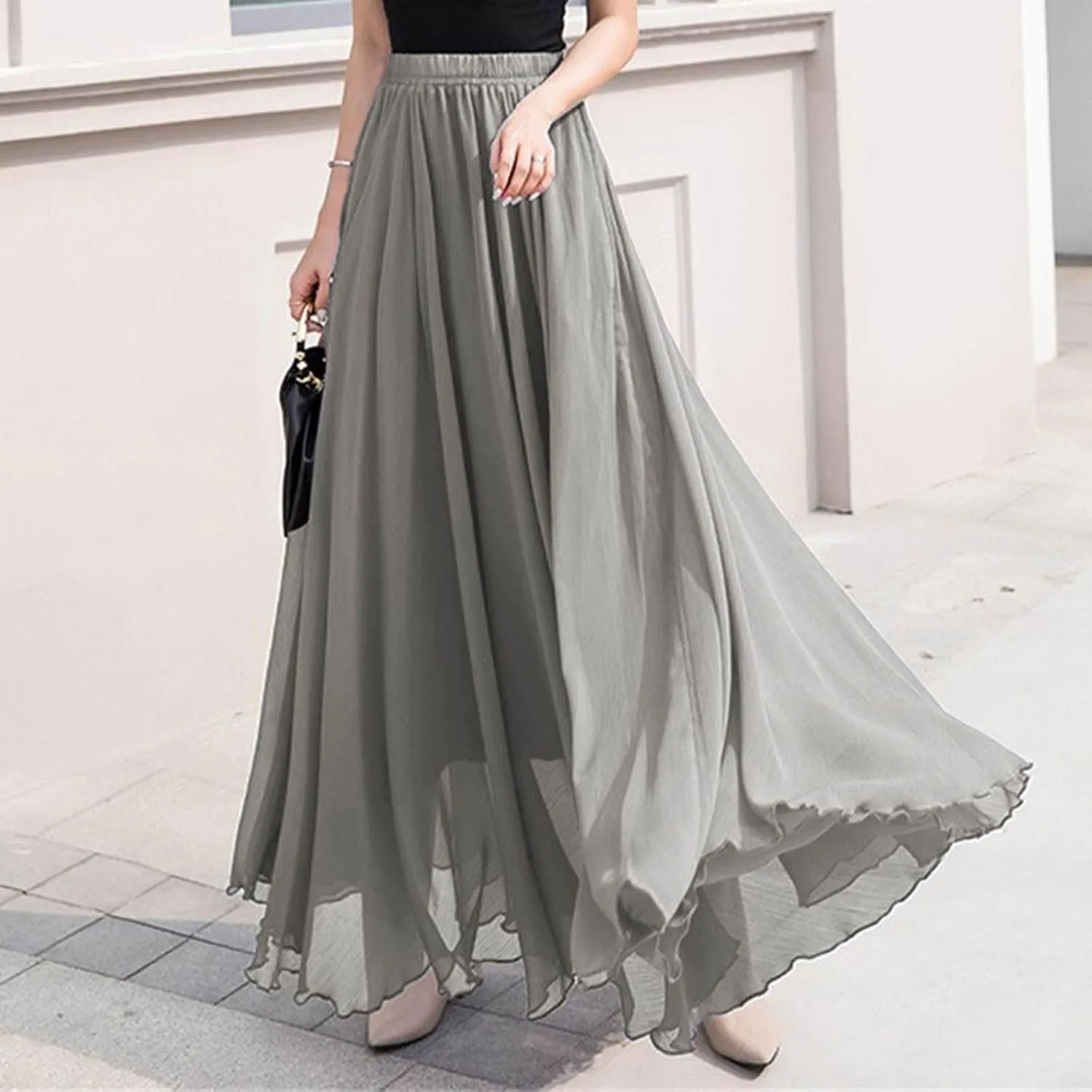 Summer Skirts for Women Vacation Elastic High Waisted Layer Flowy Beach Long Skirt Casual Solid Pleated Maxi Skirt