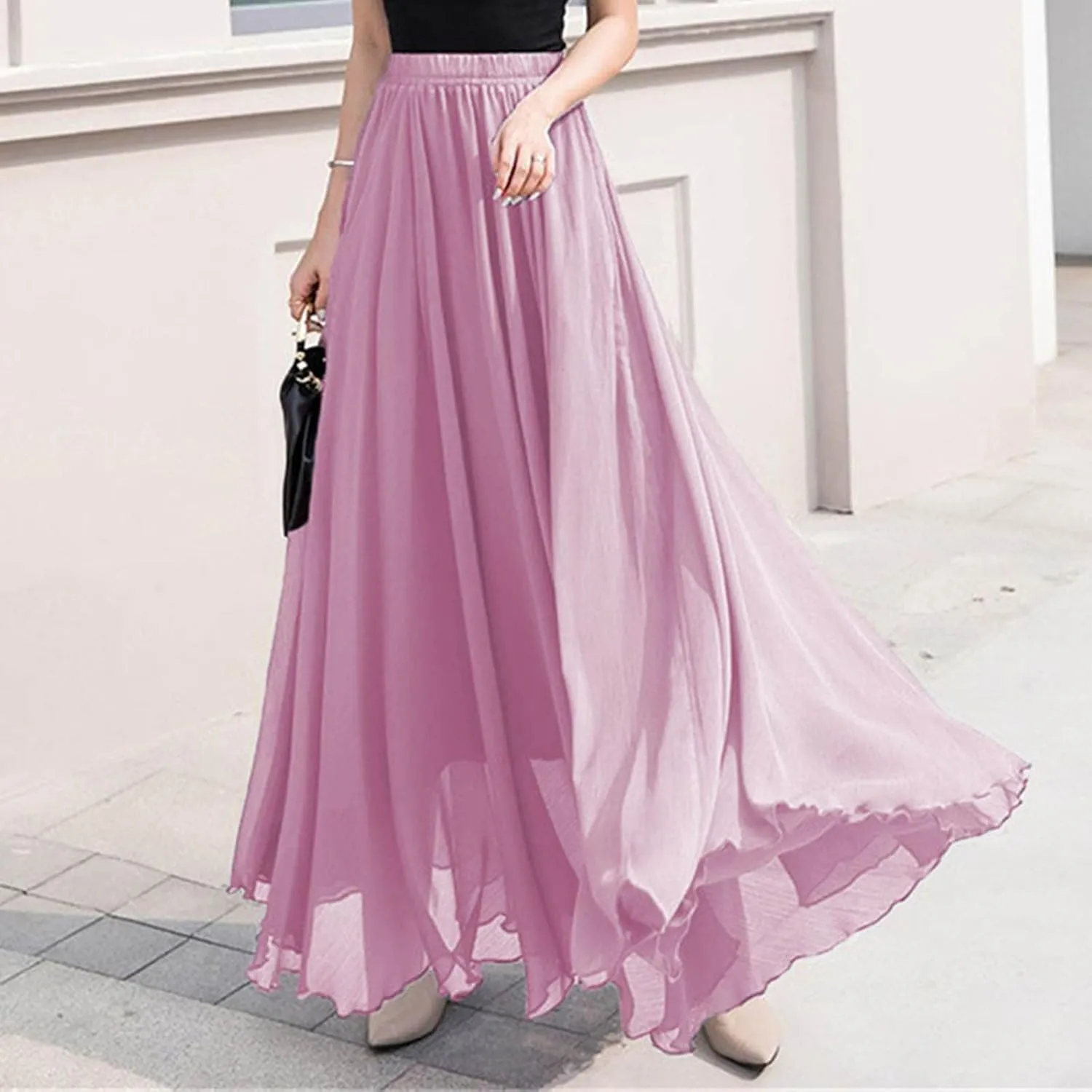 Summer Skirts for Women Vacation Elastic High Waisted Layer Flowy Beach Long Skirt Casual Solid Pleated Maxi Skirt