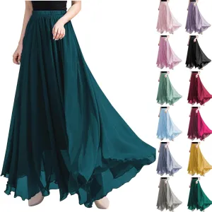 Summer Skirts for Women Vacation Elastic High Waisted Layer Flowy Beach Long Skirt Casual Solid Pleated Maxi Skirt