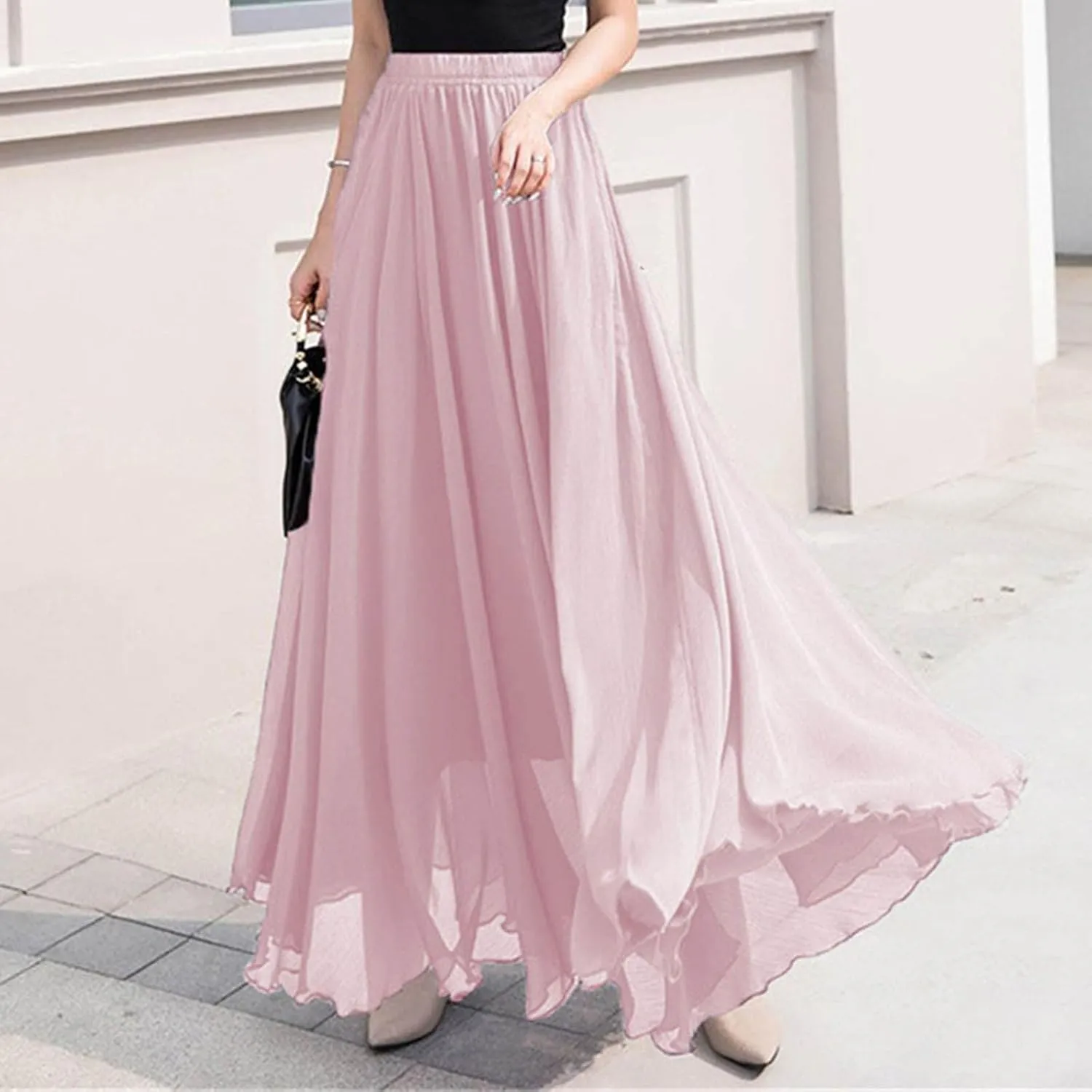 Summer Skirts for Women Vacation Elastic High Waisted Layer Flowy Beach Long Skirt Casual Solid Pleated Maxi Skirt