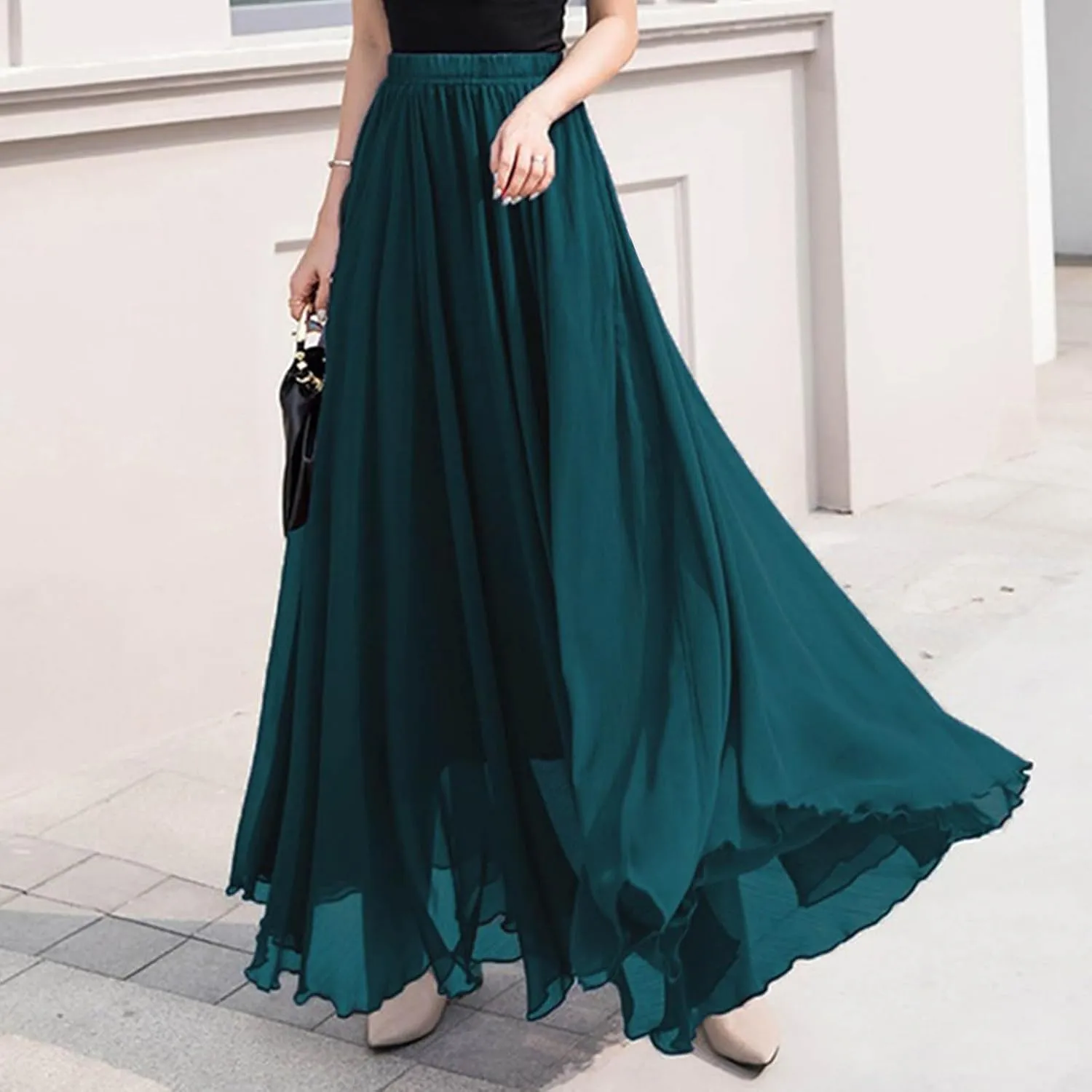 Summer Skirts for Women Vacation Elastic High Waisted Layer Flowy Beach Long Skirt Casual Solid Pleated Maxi Skirt