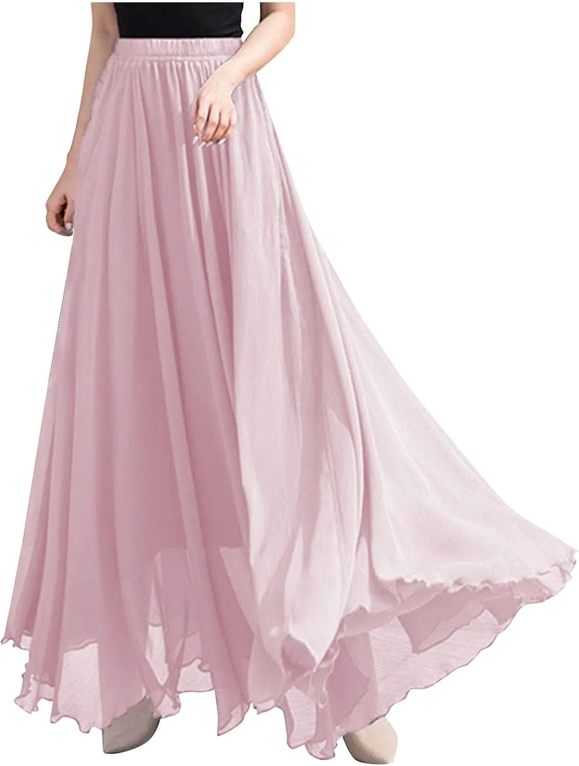 Summer Skirts for Women Vacation Elastic High Waisted Layer Flowy Beach Long Skirt Casual Solid Pleated Maxi Skirt