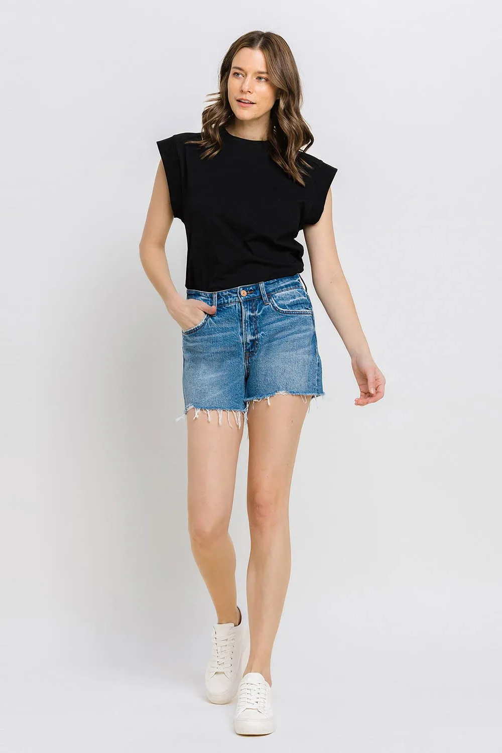 Vervet by Flying Monkey High Rise Distressed Hem A-Line Shorts In Swan River