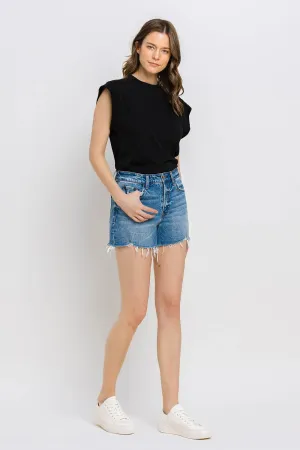 Vervet by Flying Monkey High Rise Distressed Hem A-Line Shorts In Swan River