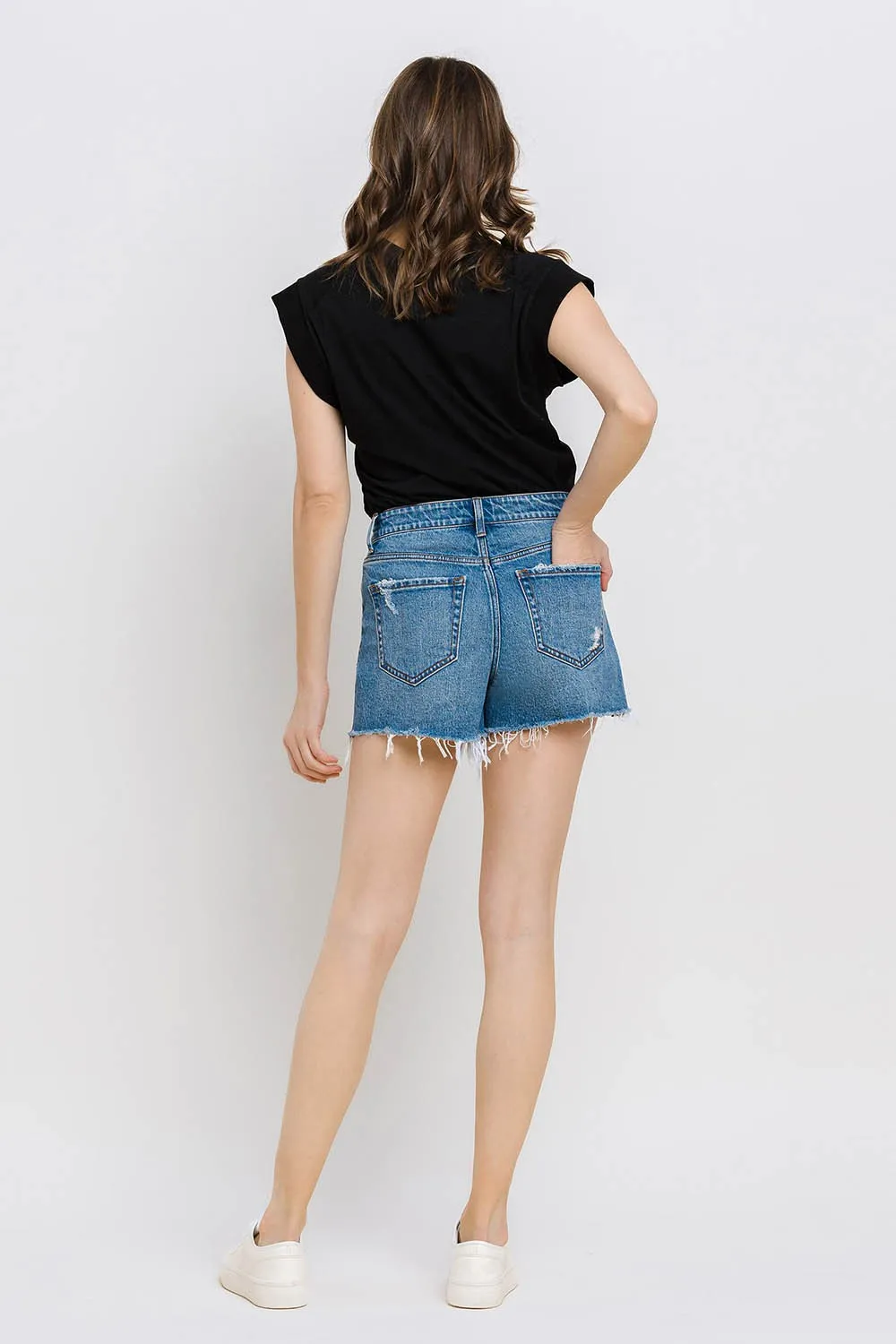 Vervet by Flying Monkey High Rise Distressed Hem A-Line Shorts In Swan River