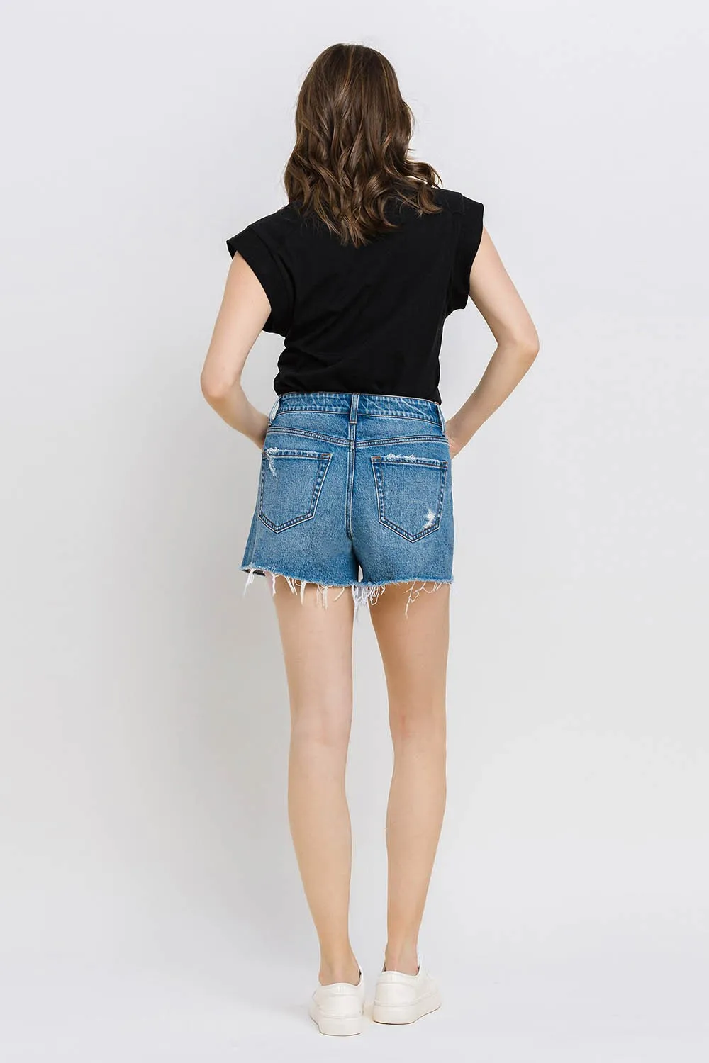 Vervet by Flying Monkey High Rise Distressed Hem A-Line Shorts In Swan River